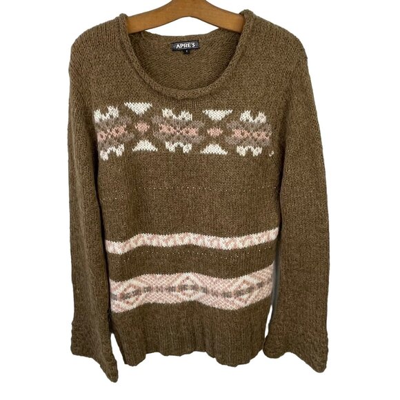 Apres Sweater Size Medium Fuzzy Knit Pullover Sequin Long Sleeve Cozy Fair Isle - Picture 1 of 10